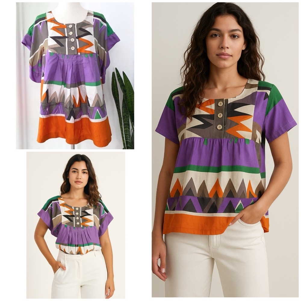 EUC See by Chloe 100% Silk Color Graphic‎ Geometric Shapes Boho Blouse 2​​​​​​